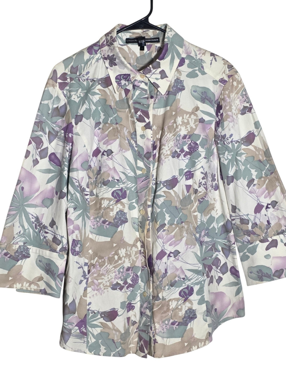 Linda Allard Ellen Tracy Floral Button Down Shirt Size 14 3/4 Sleeve Stretch